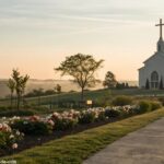Paisagem serena com uma igreja ao fundo e flores no primeiro plano.