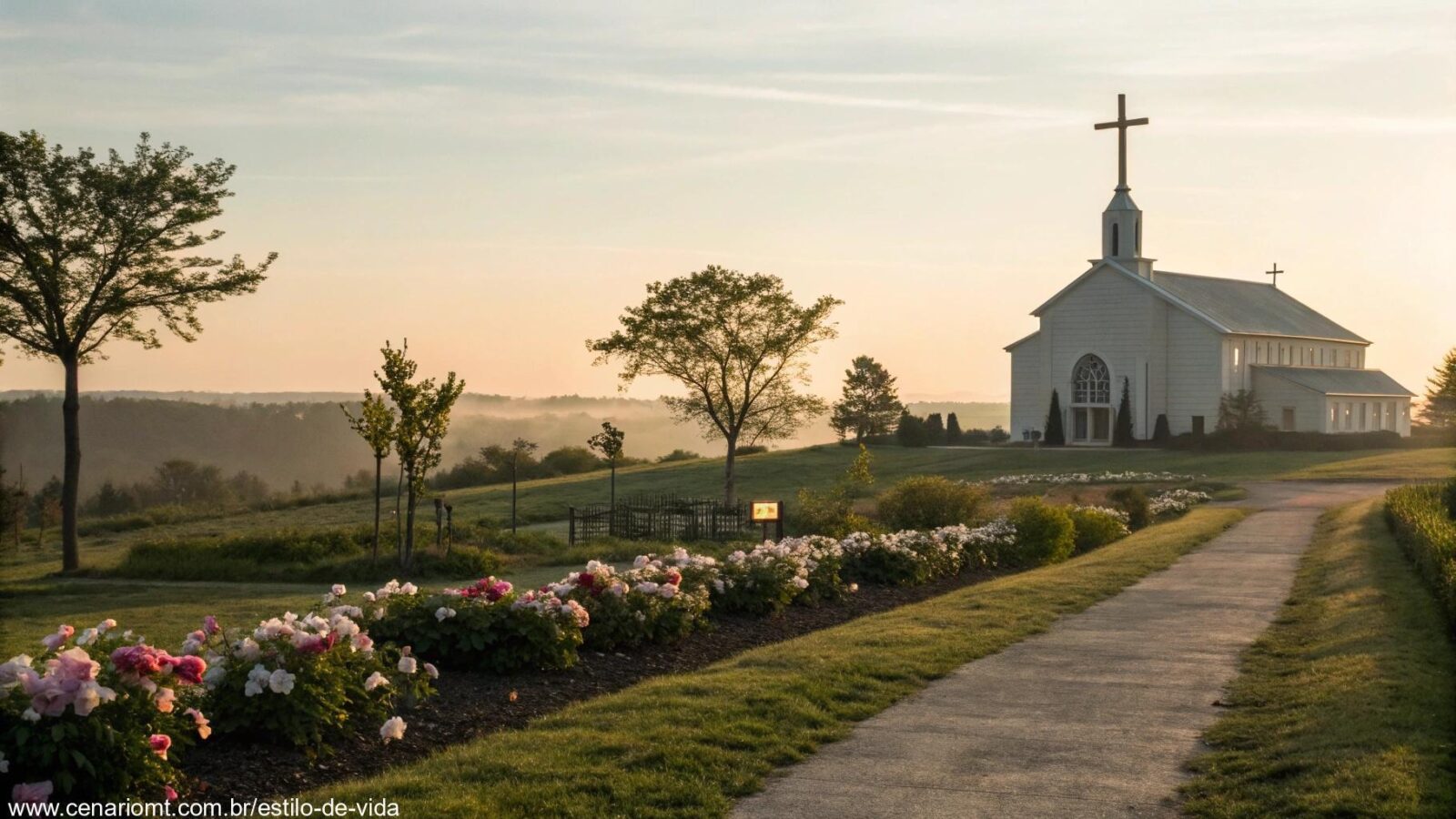 Paisagem serena com uma igreja ao fundo e flores no primeiro plano.