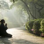 Imagem de uma pessoa orando em um jardim tranquilo na manhã de sexta-feira.