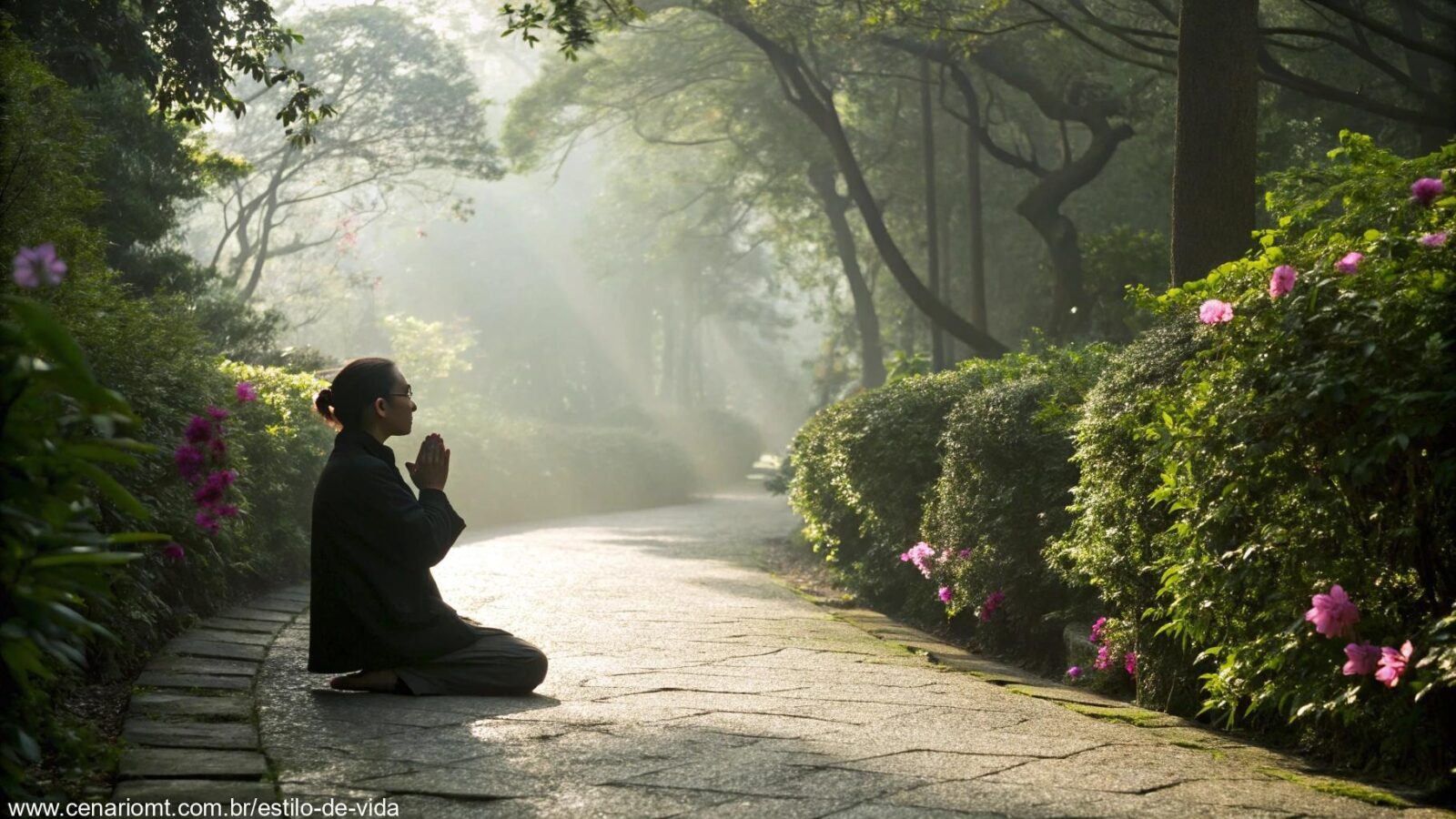 Imagem de uma pessoa orando em um jardim tranquilo na manhã de sexta-feira.