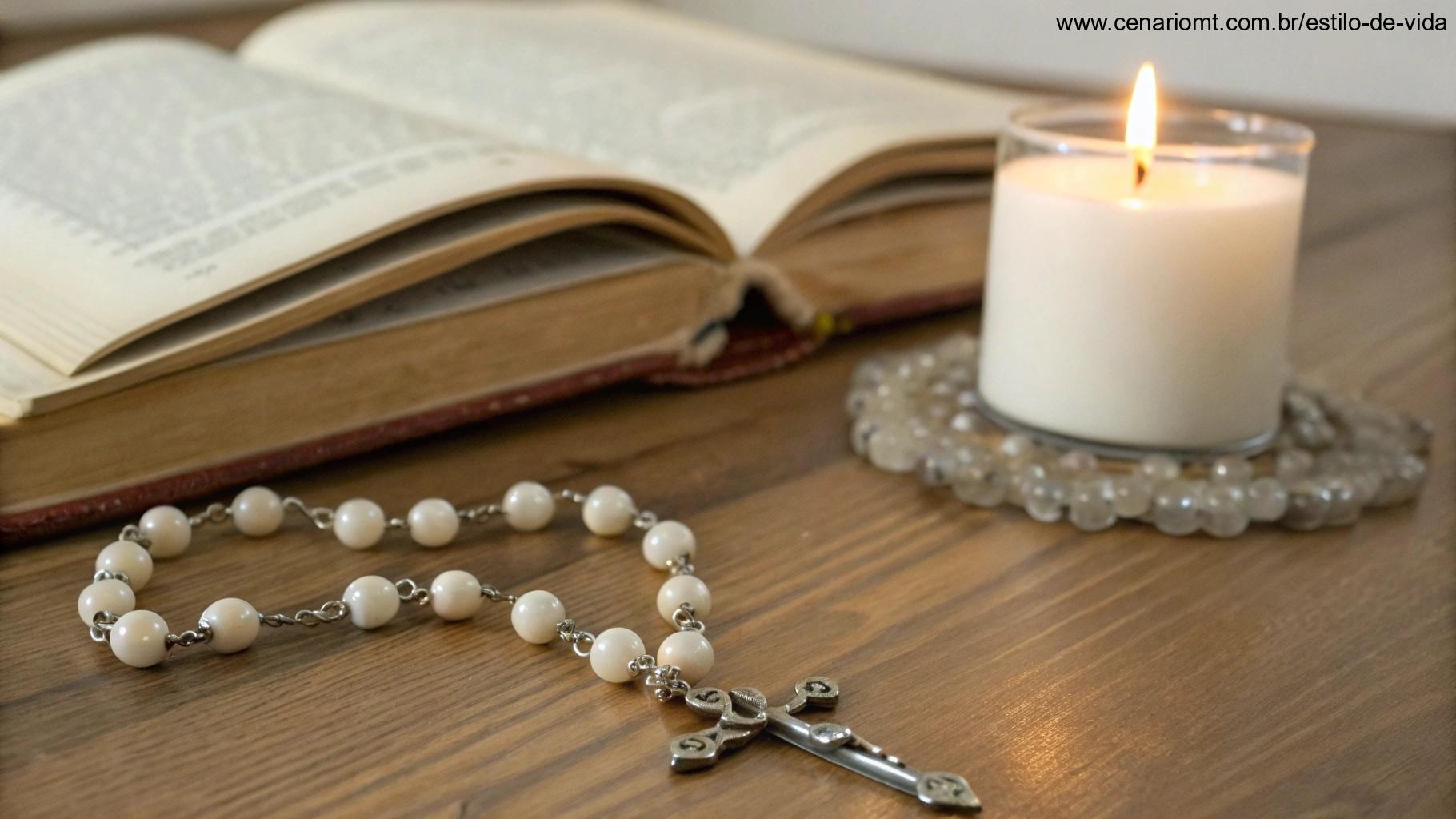 Rosário e vela acesa ao lado de um livro de oração, simbolizando a devoção diária.