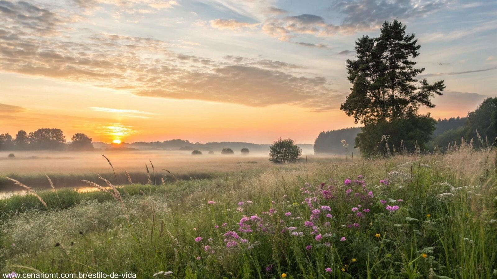 Paisagem tranquila e serena com um belo amanhecer de sexta-feira, simbolizando oração e reflexão.