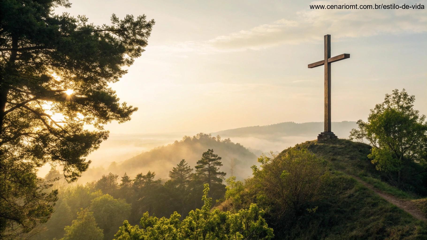 Uma cruz de madeira iluminada por luz dourada, com árvores verdes ao redor e uma névoa suave ao fundo.