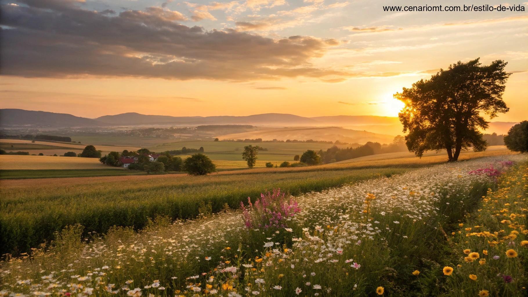 Paisagem serena ao pôr do sol, com luz dourada suave banhando um campo de flores.