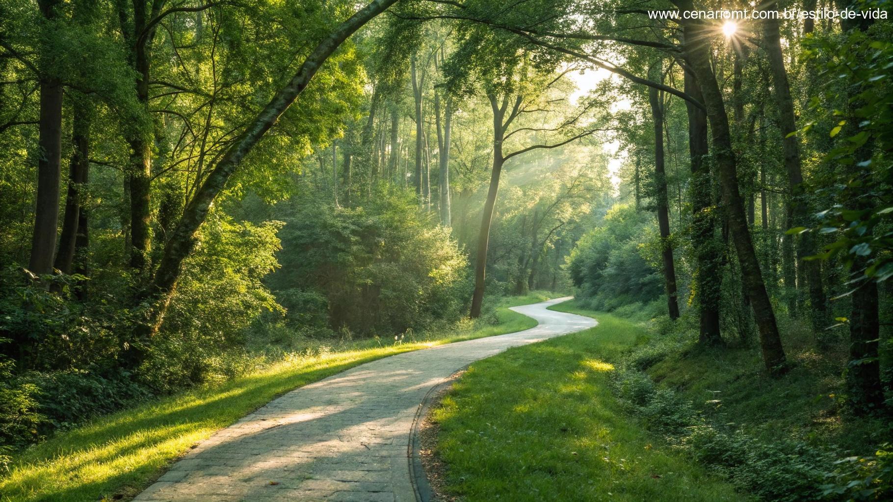 Caminho sinuoso através de uma floresta verde, com luz do sol filtrando pelas árvores, representando 'Oração e Ação no Caminho da Fé'.