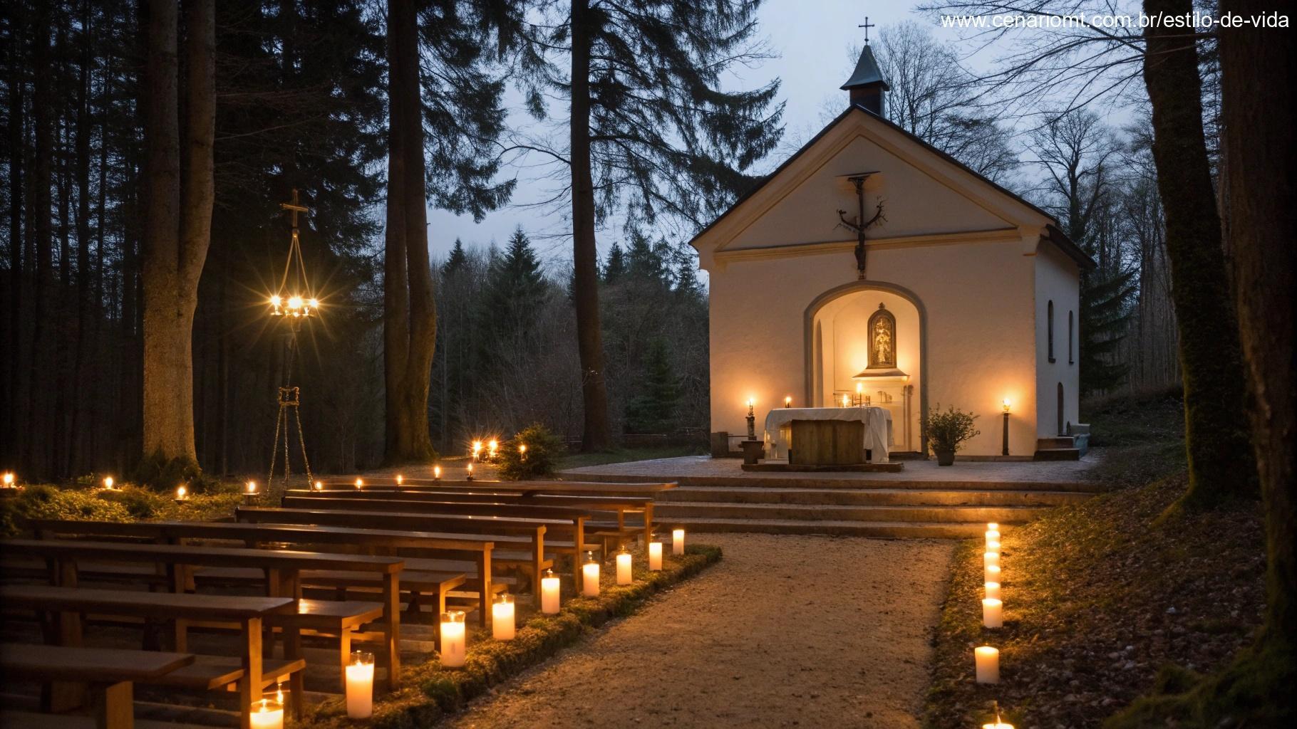 Uma capela silenciosa iluminada pela luz das velas, criando uma atmosfera reverente para oração e intercessão.