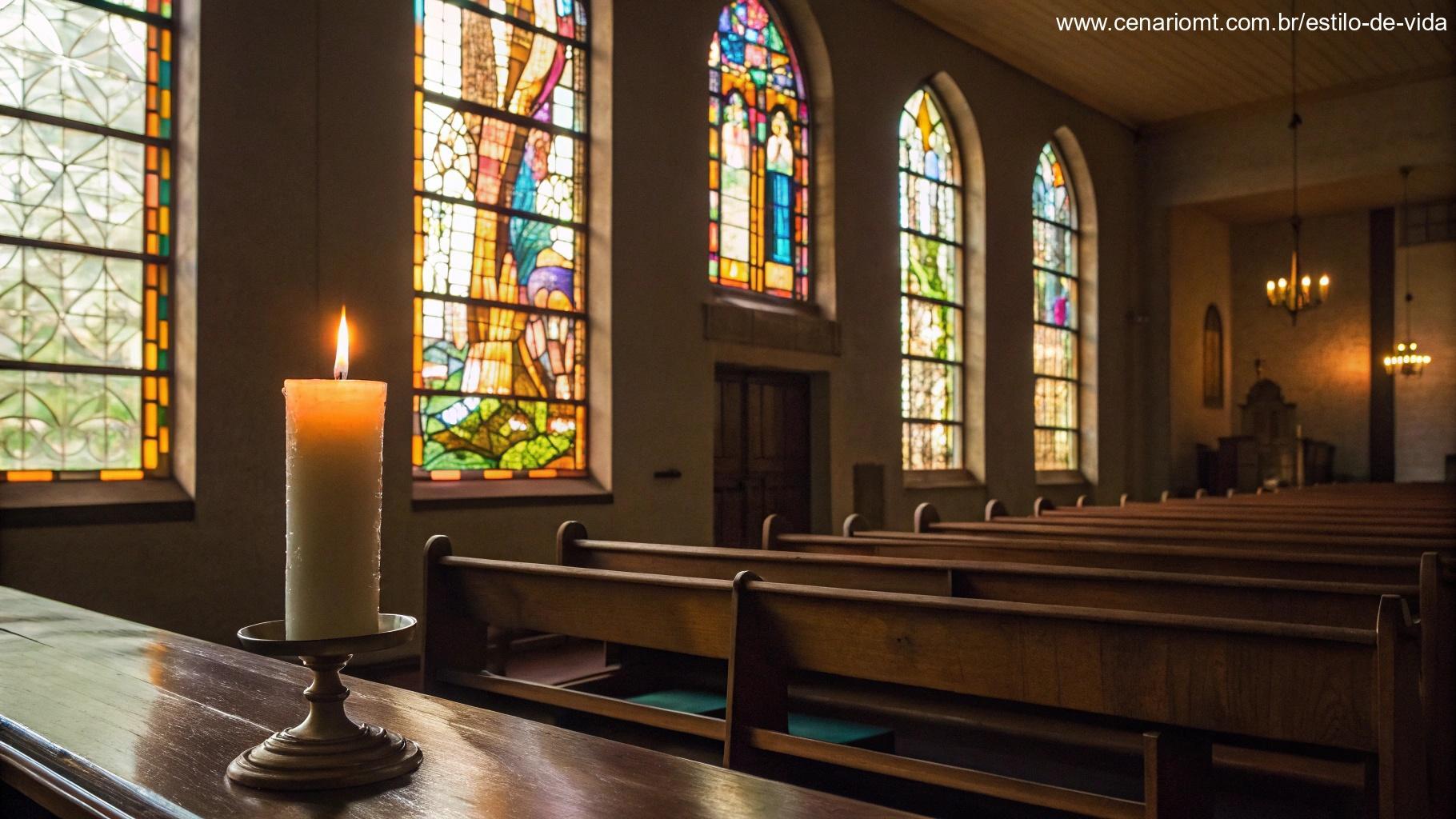 Interior tranquilo de uma capela com vitrais projetando luz colorida sobre os bancos, e uma única vela acesa no altar