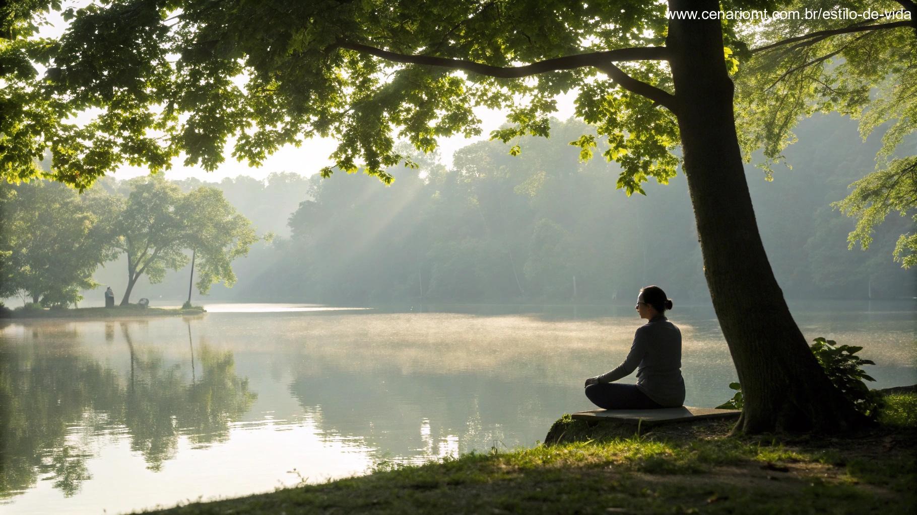 Cena tranquila da manhã com uma pessoa sentada em meditação tranquila à beira de um lago calmo, cercada por árvores verdes e luz suave refletindo na água.