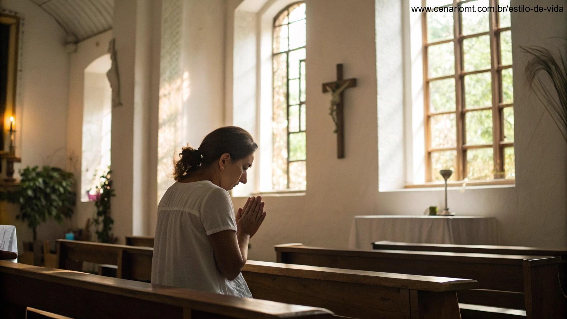 Mulher rezando em uma capela tranquila, representando um momento de oração e meditação para o Dia Internacional da Mulher.