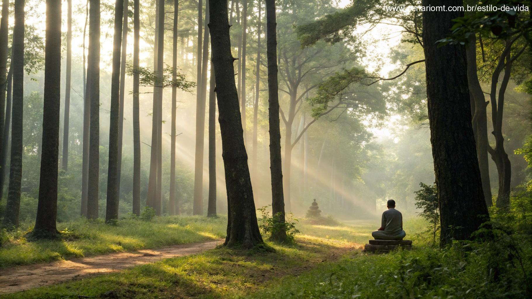 Cena serena e tranquila de uma floresta, com a luz da manhã filtrando pelas árvores e uma atmosfera suave e silenciosa, ideal para oração e meditação, simbolizando tranquilidade espiritual.