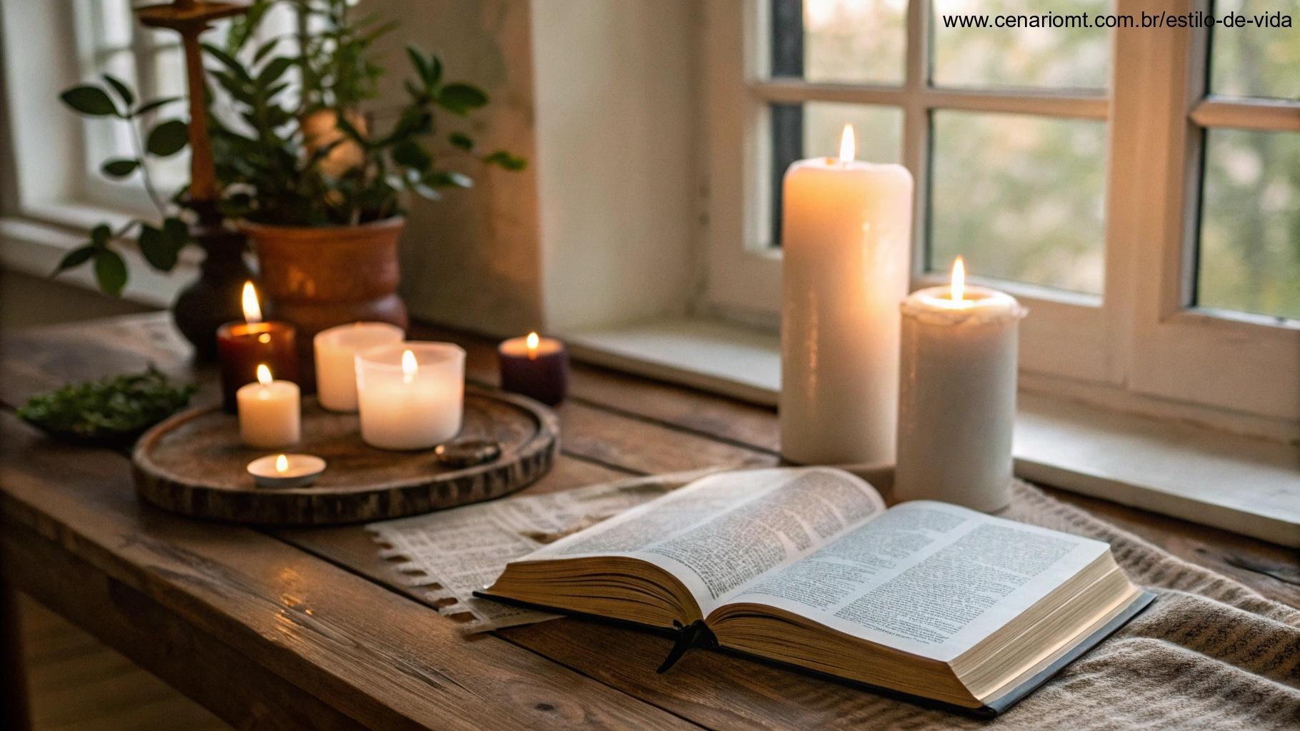 Lugar tranquilo com velas acesas e uma Bíblia aberta, pronto para oração e contemplação.