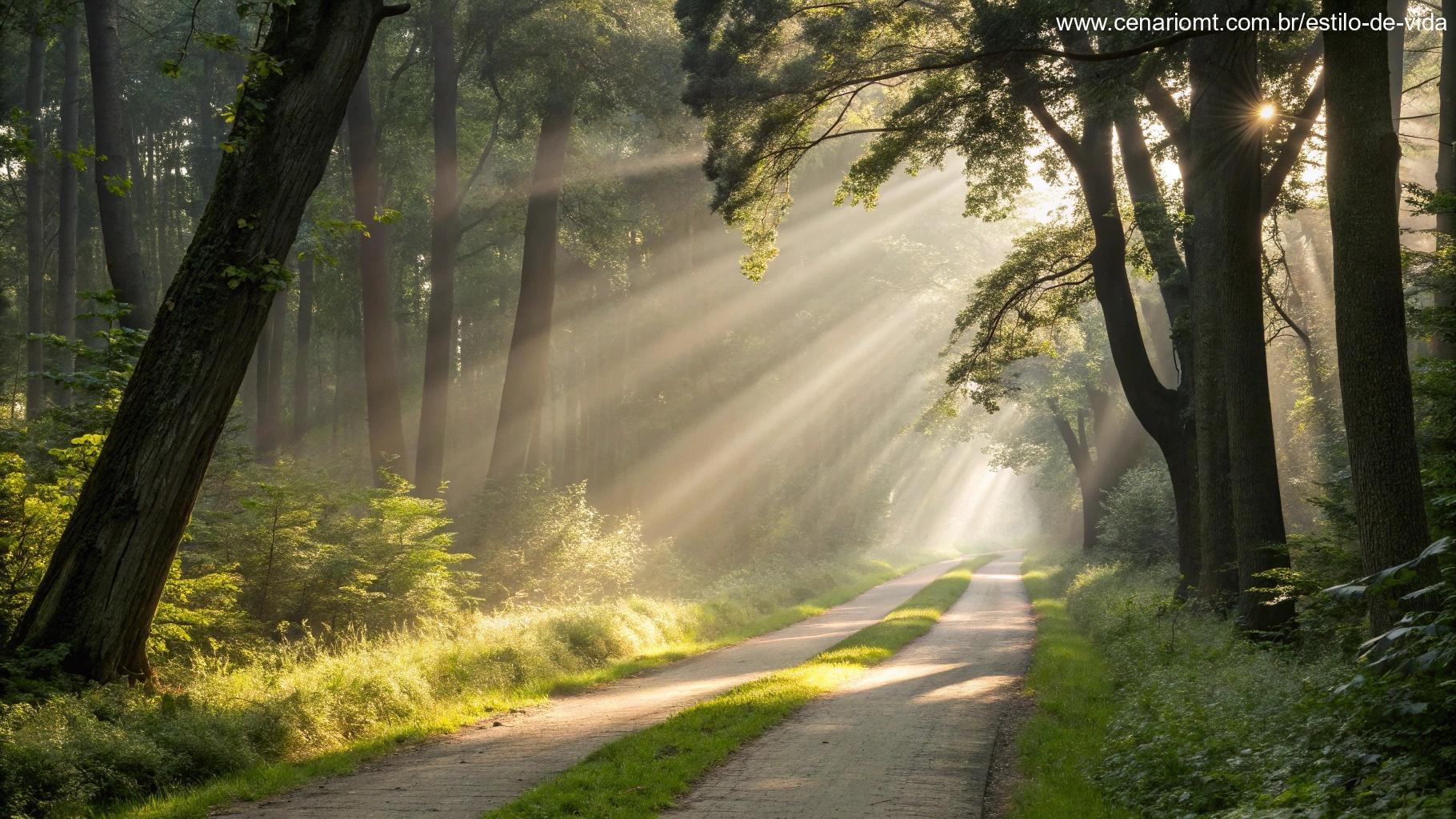 Caminho tranquilo na floresta com raios de luz passando entre as árvores, criando uma atmosfera acolhedora de oração e reflexão.