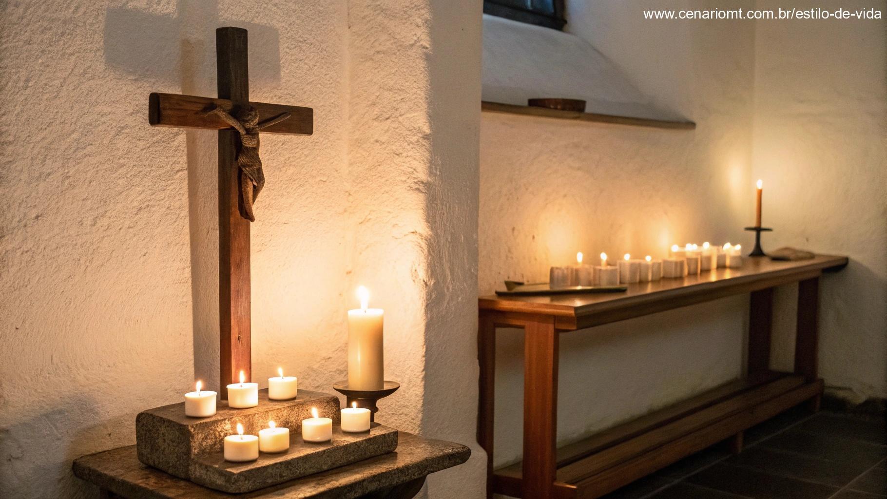 Cantinho de oração tranquilo com velas acesas e uma pequena cruz de madeira, criando uma atmosfera serena para oração e reflexão.
