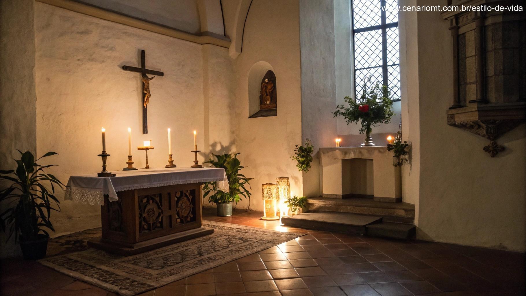 Cantinho silencioso da igreja com uma mesa de oração iluminada por velas