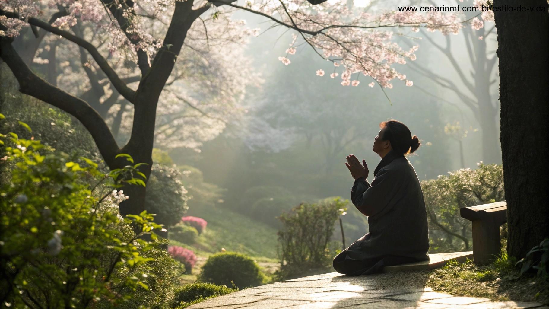 Pessoa sentada em um jardim tranquilo, com as mãos unidas em oração, rodeada por flores e árvores florescendo, com luz suave filtrando pelas folhas.