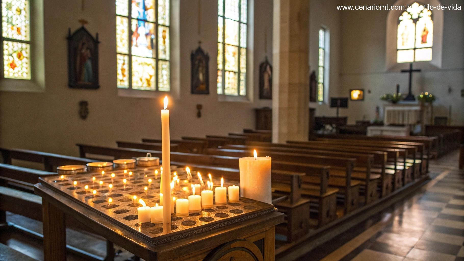Imagem de um altar evangélico iluminado com velas acesas, simbolizando oração.