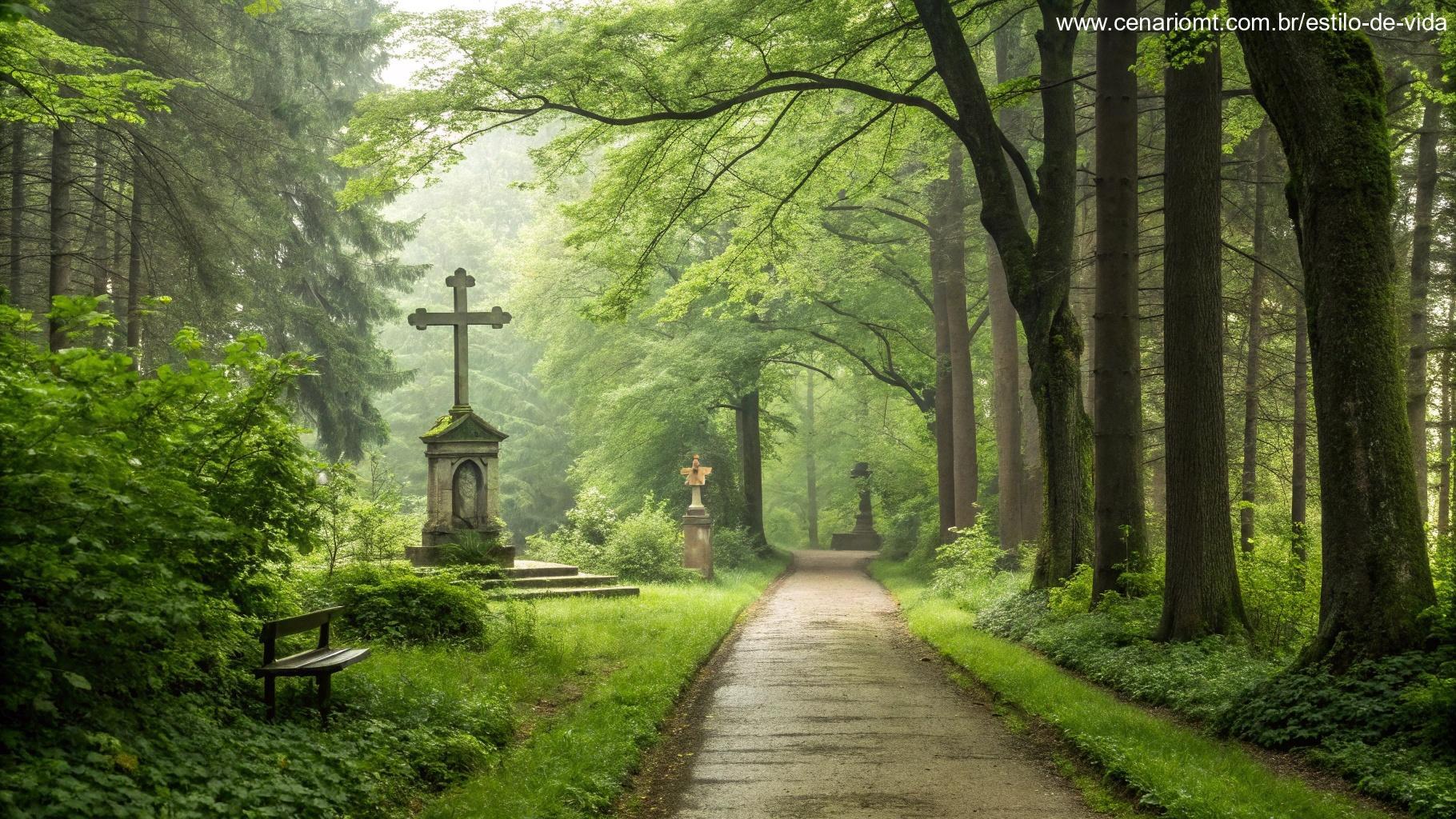 Caminho tranquilo em uma floresta verde, perfeito para oração e meditação.