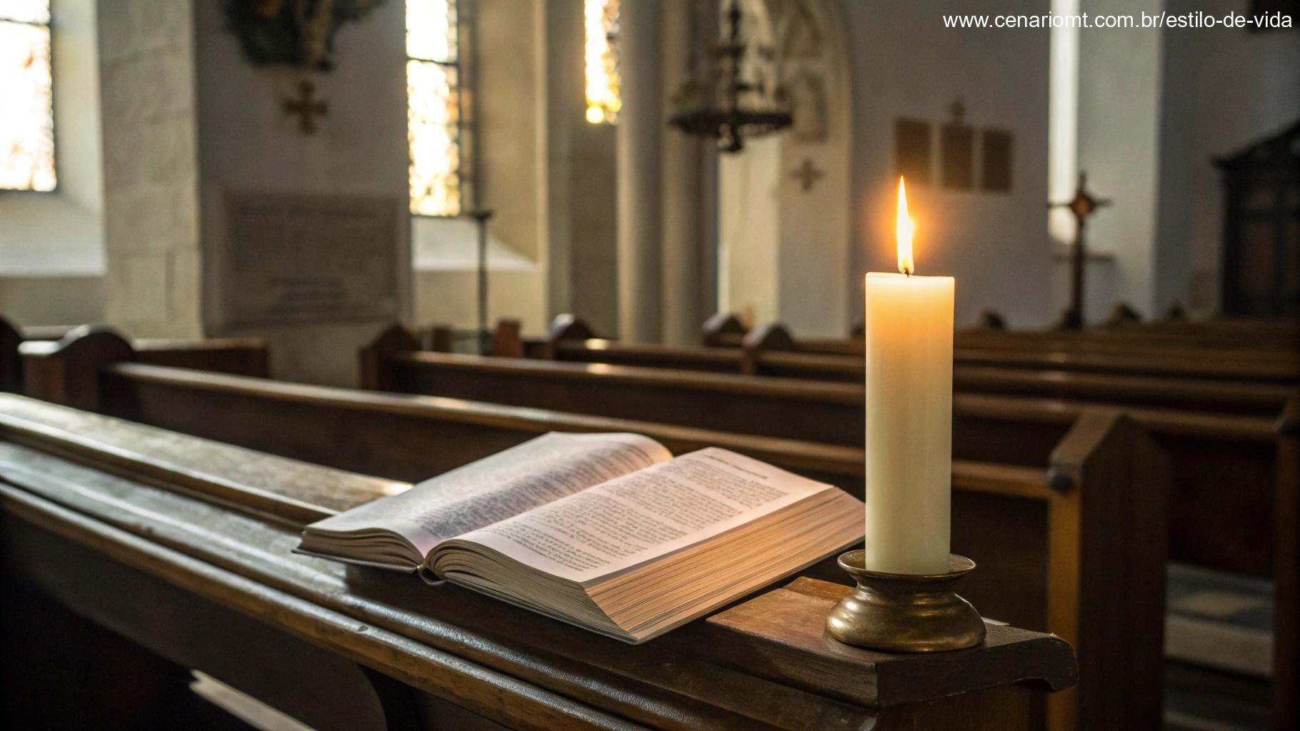 Ambiente calmo e sereno de uma igreja com uma Bíblia aberta e uma vela acesa, evocando fé e oração.