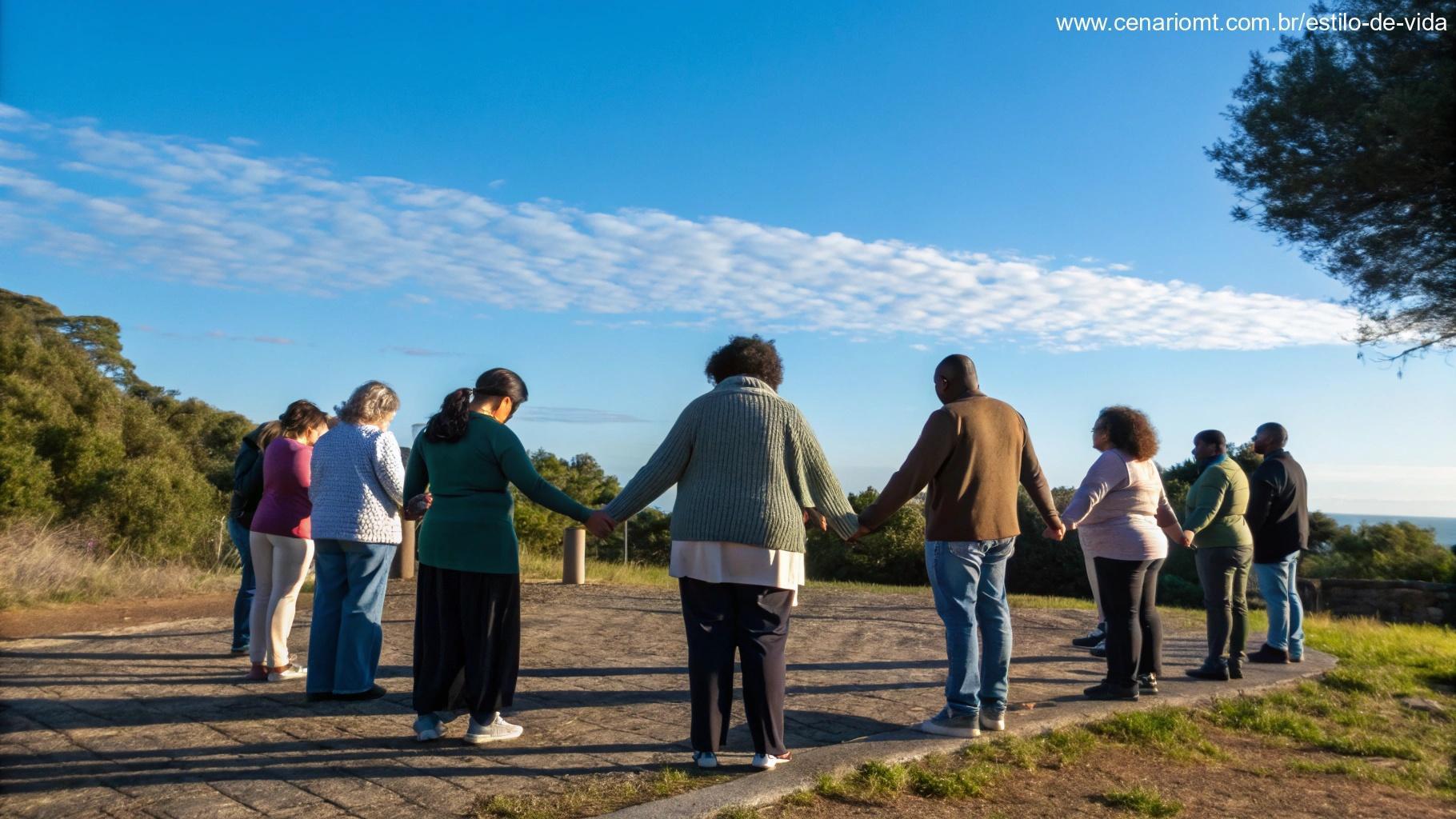 Grupo de pessoas reunidas em círculo ao ar livre, de mãos dadas em oração, com céu azul e natureza ao fundo