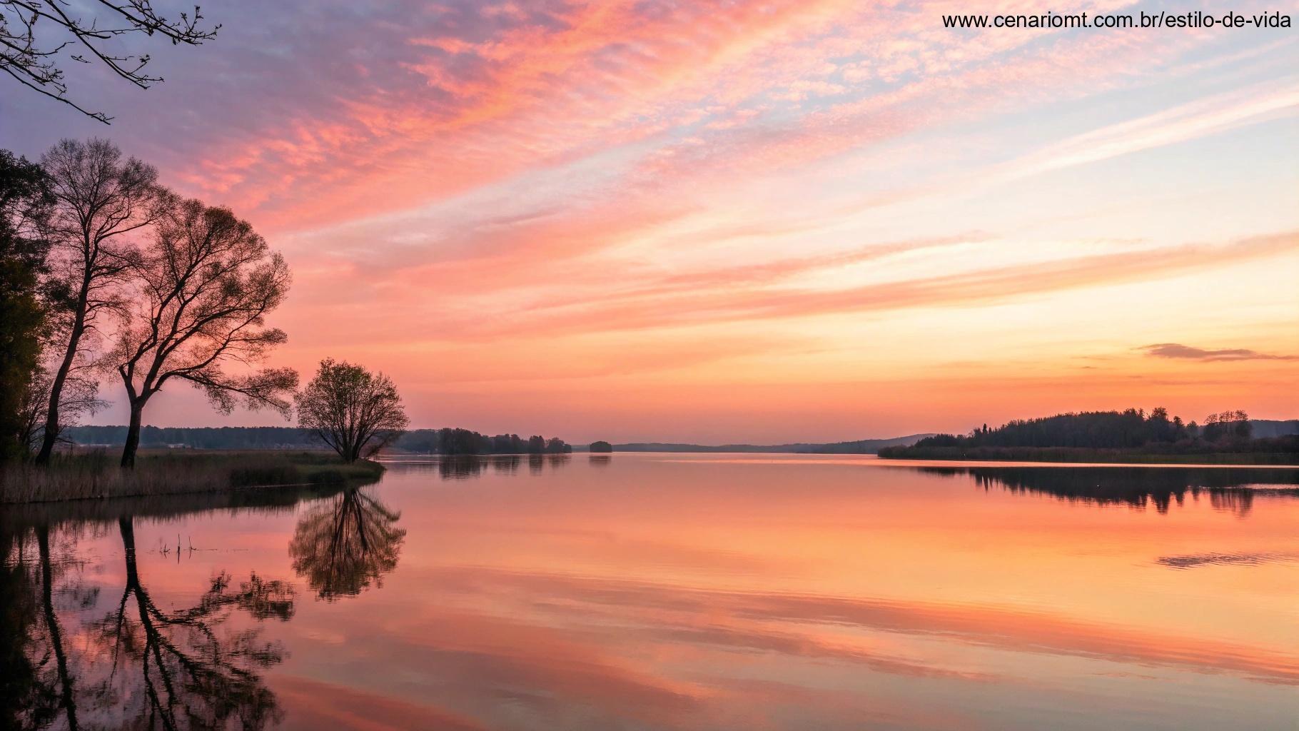 Um belo pôr do sol sobre um lago calmo, com tons suaves de rosa e laranja no céu, criando uma cena tranquila que evoca um sentido de espiritualidade e reflexão, ideal para um momento de oração evangélica.