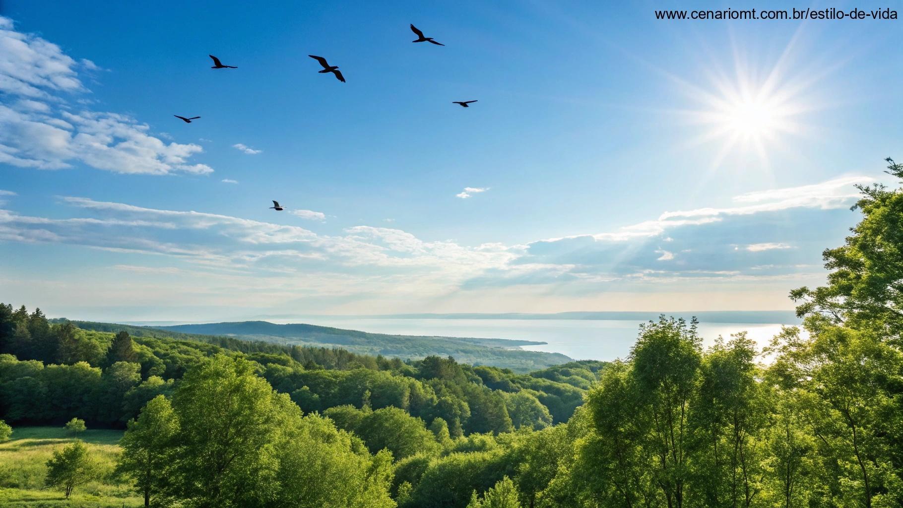 Cena serena da natureza com céu azul claro, pássaros voando pacificamente e o sol brilhando, simbolizando esperança e orientação espiritual.