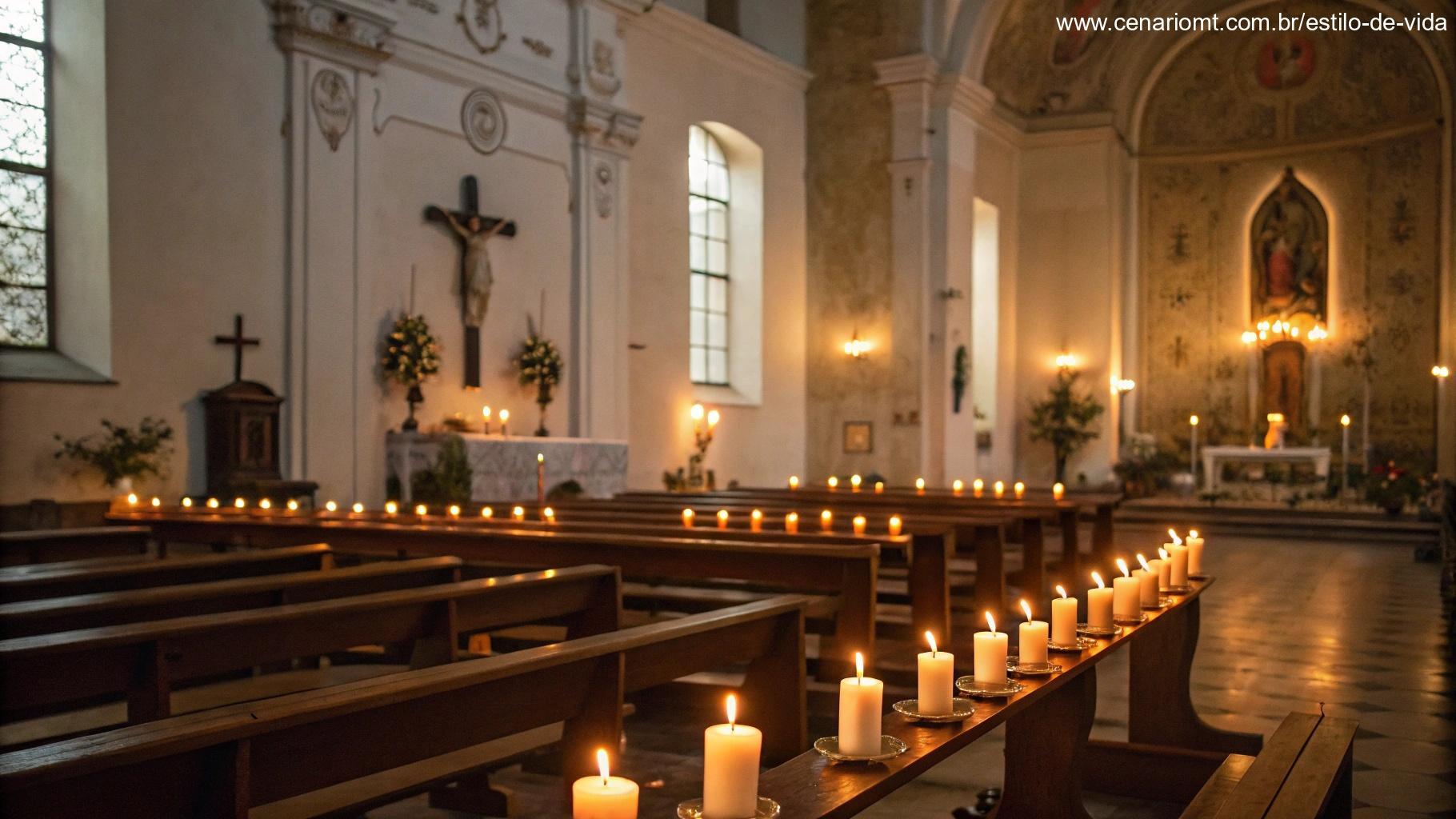 Interior tranquilo de uma igreja com velas acesas, criando um ambiente de paz para oração e devoção.