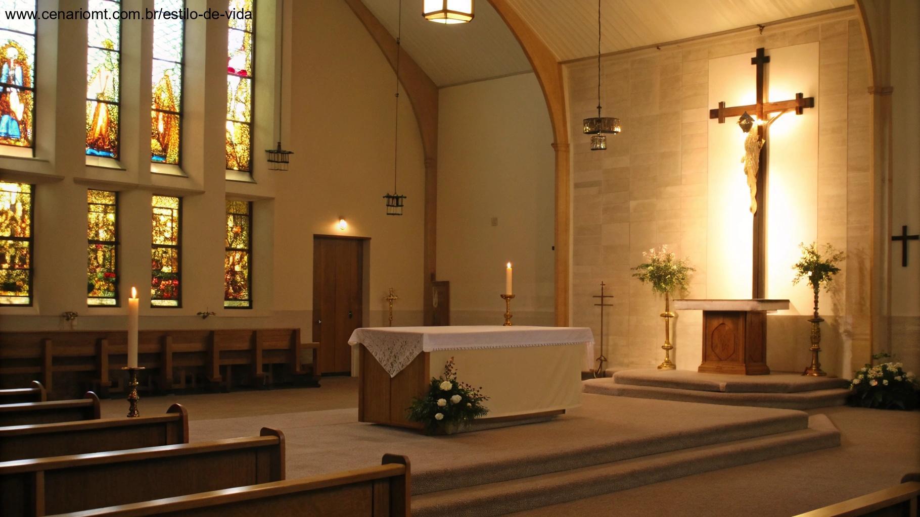 Interior tranquilo de uma igreja com luz suave e um altar simples, criando um espaço para reflexão e oração.
