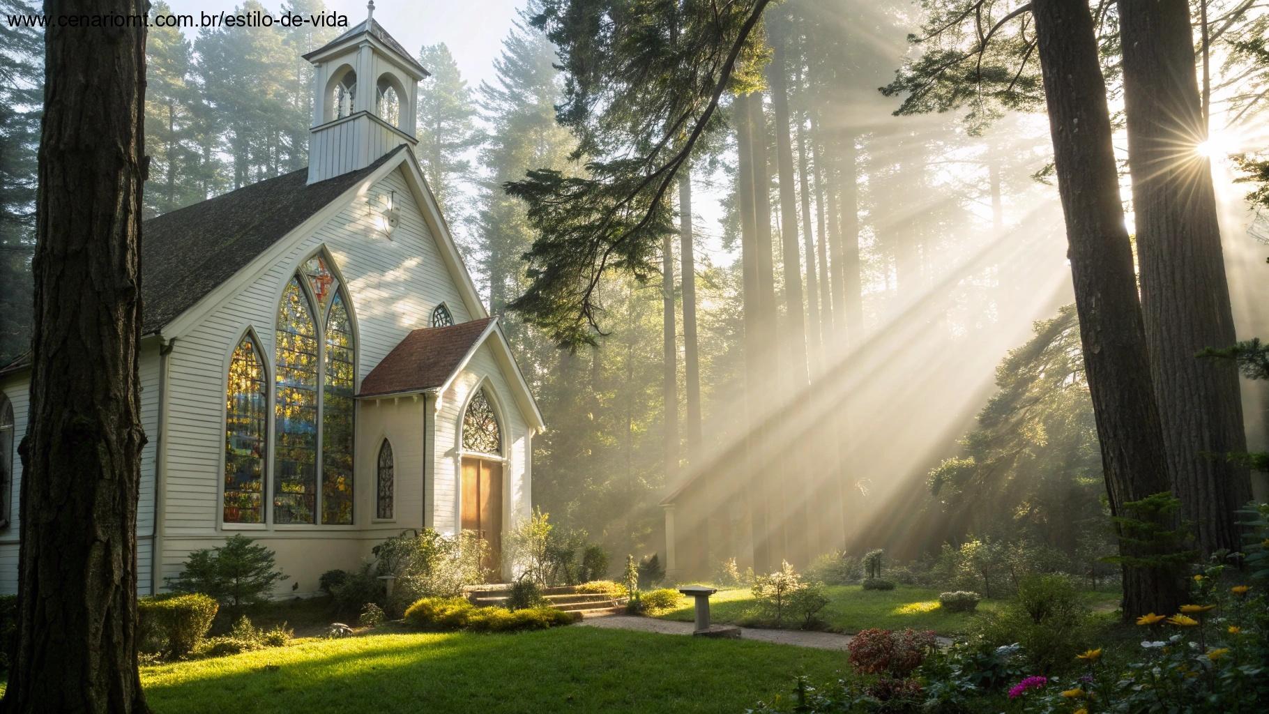 Igreja iluminada pelo sol com vitrais coloridos e um jardim tranquilo.