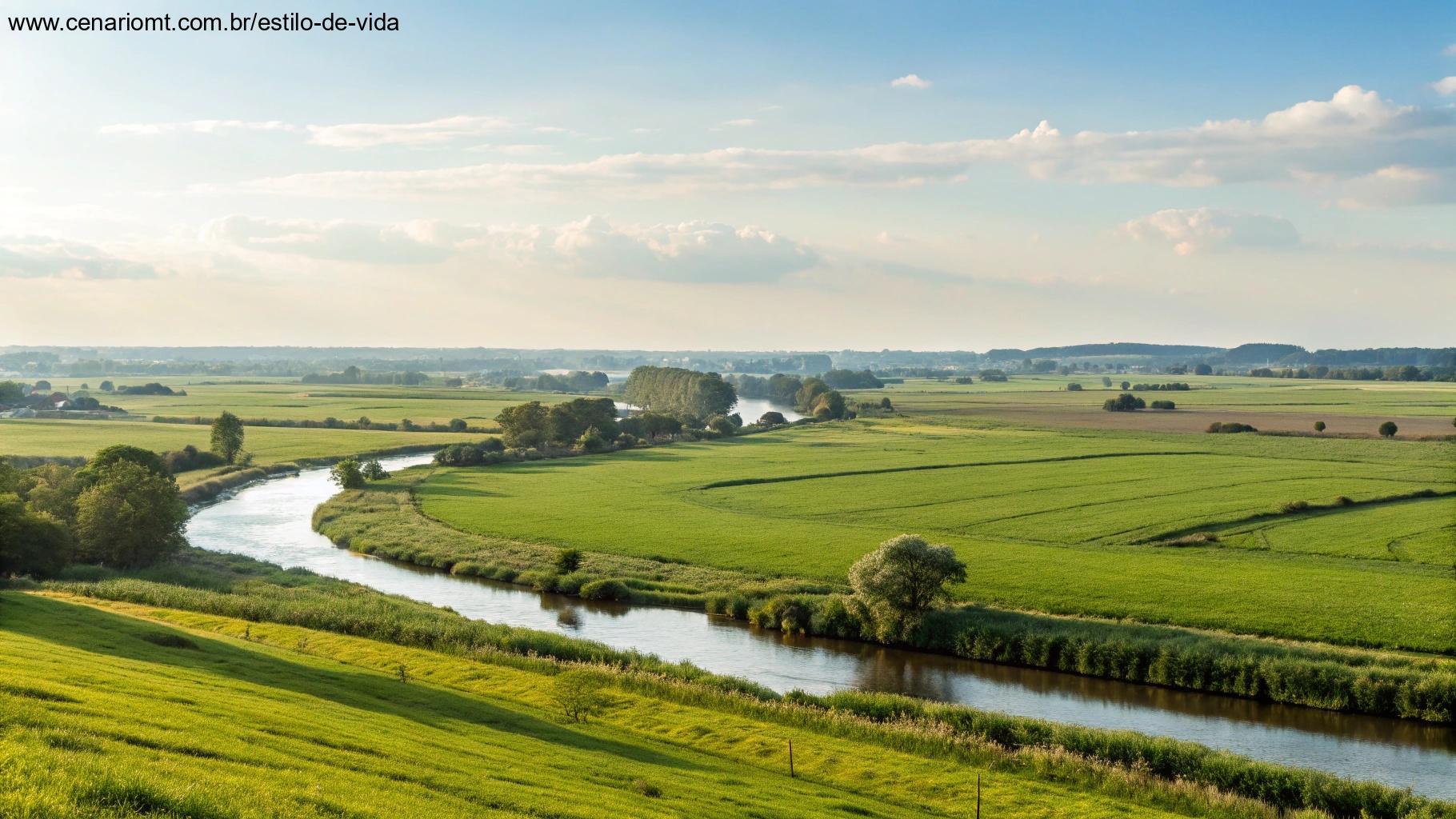 Paisagem rural calma e pacífica, com campos verdes e um rio suave fluindo, simbolizando a graça de Deus e bênçãos contínuas.