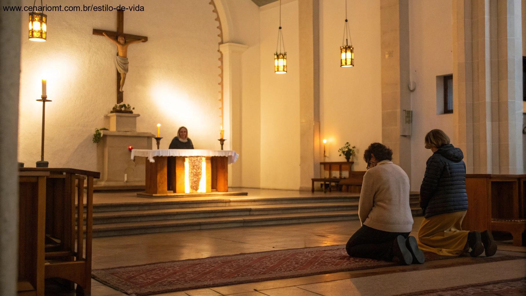 Interior tranquilo de uma igreja com luz suave iluminando o altar.