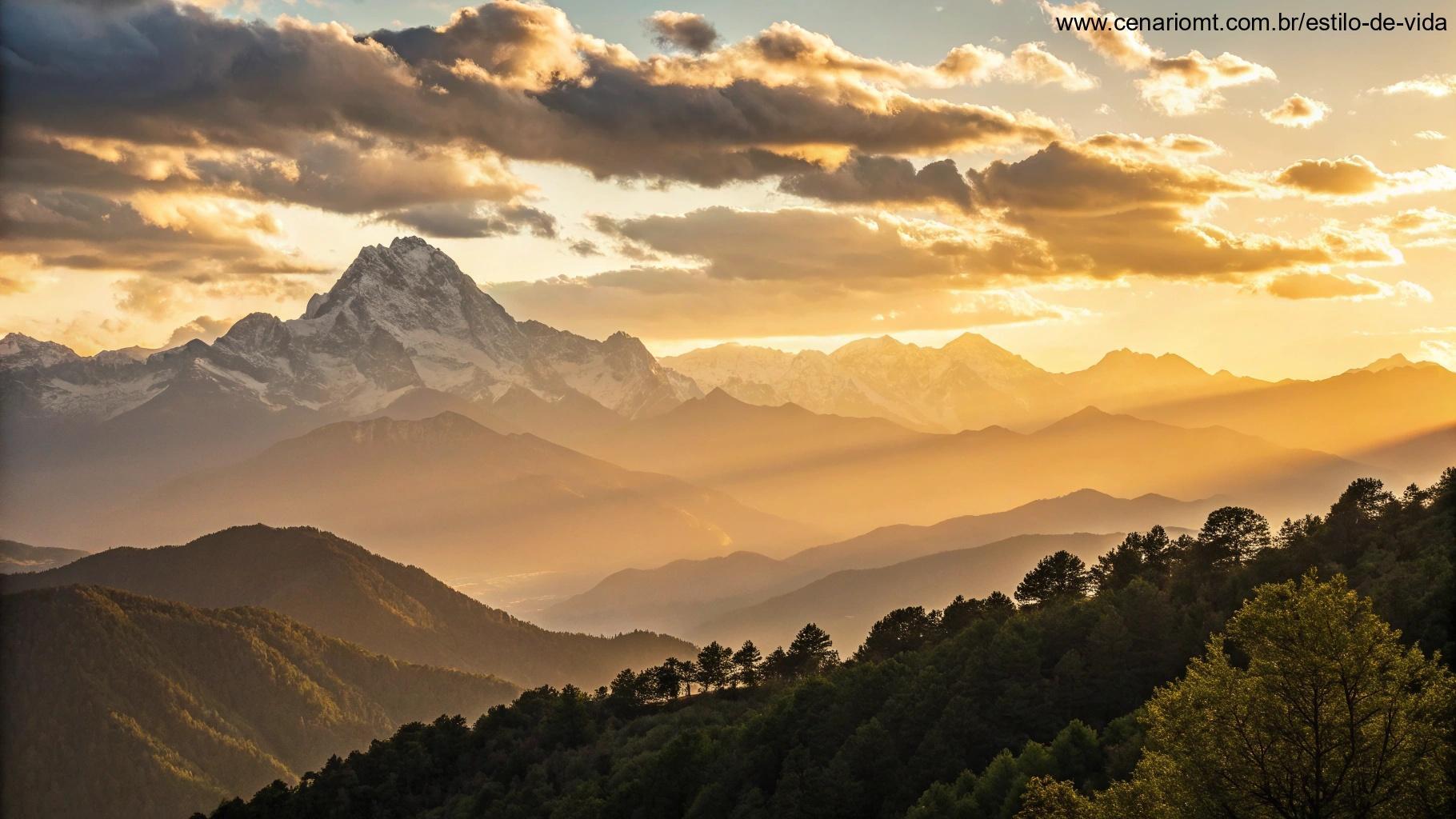 O nascer do sol sobre uma cadeia de montanhas, com uma luz dourada que transmite sensação de esperança e paz.