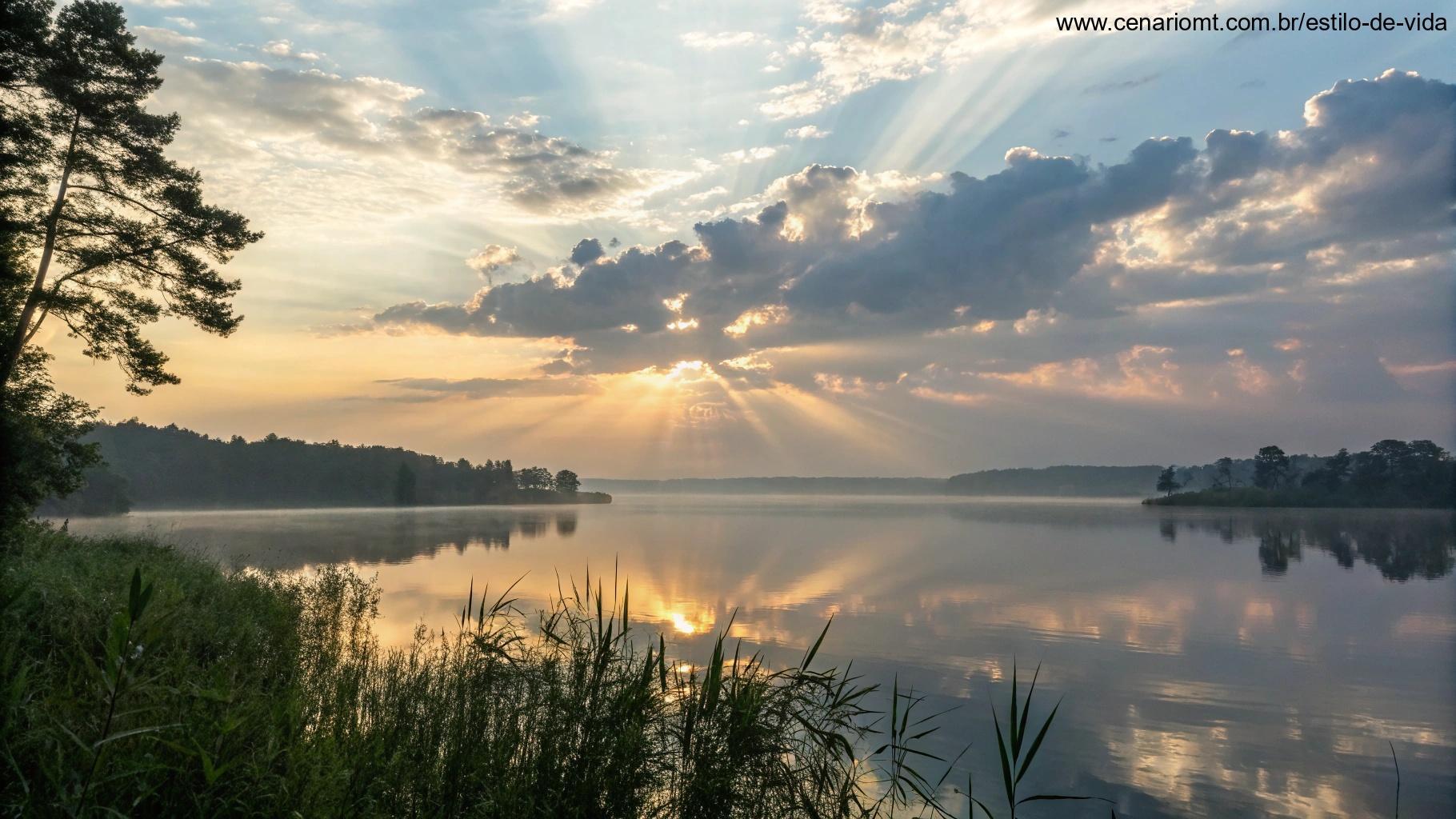 Um nascer do sol calmo sobre um lago sereno, com raios de luz surgindo por entre as nuvens, simbolizando esperança e oração para um novo dia.