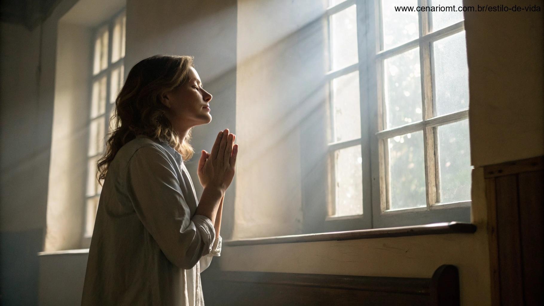 Uma mulher orando em um espaço tranquilo, com luz suave entrando pela janela, representando uma oração para o Dia da Mulher.