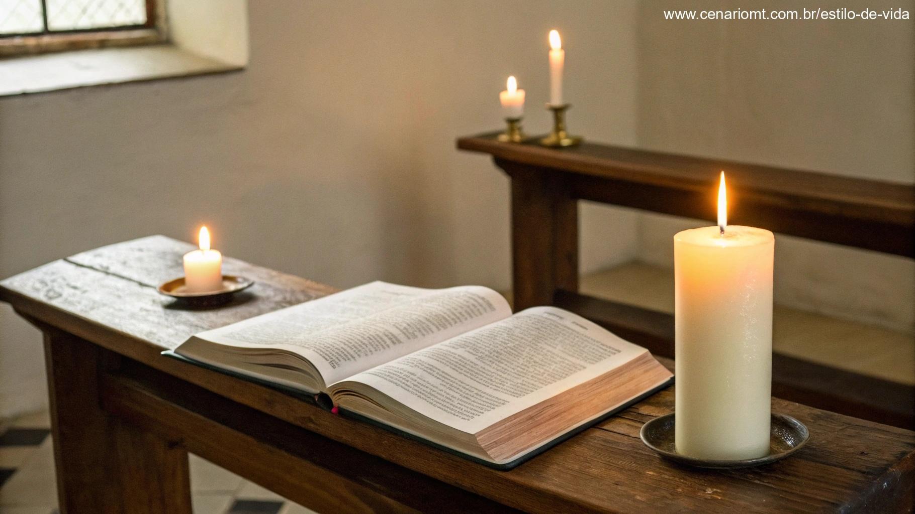Ambiente tranquilo com velas acesas e uma Bíblia aberta simbolizando a oração para quarta-feira.