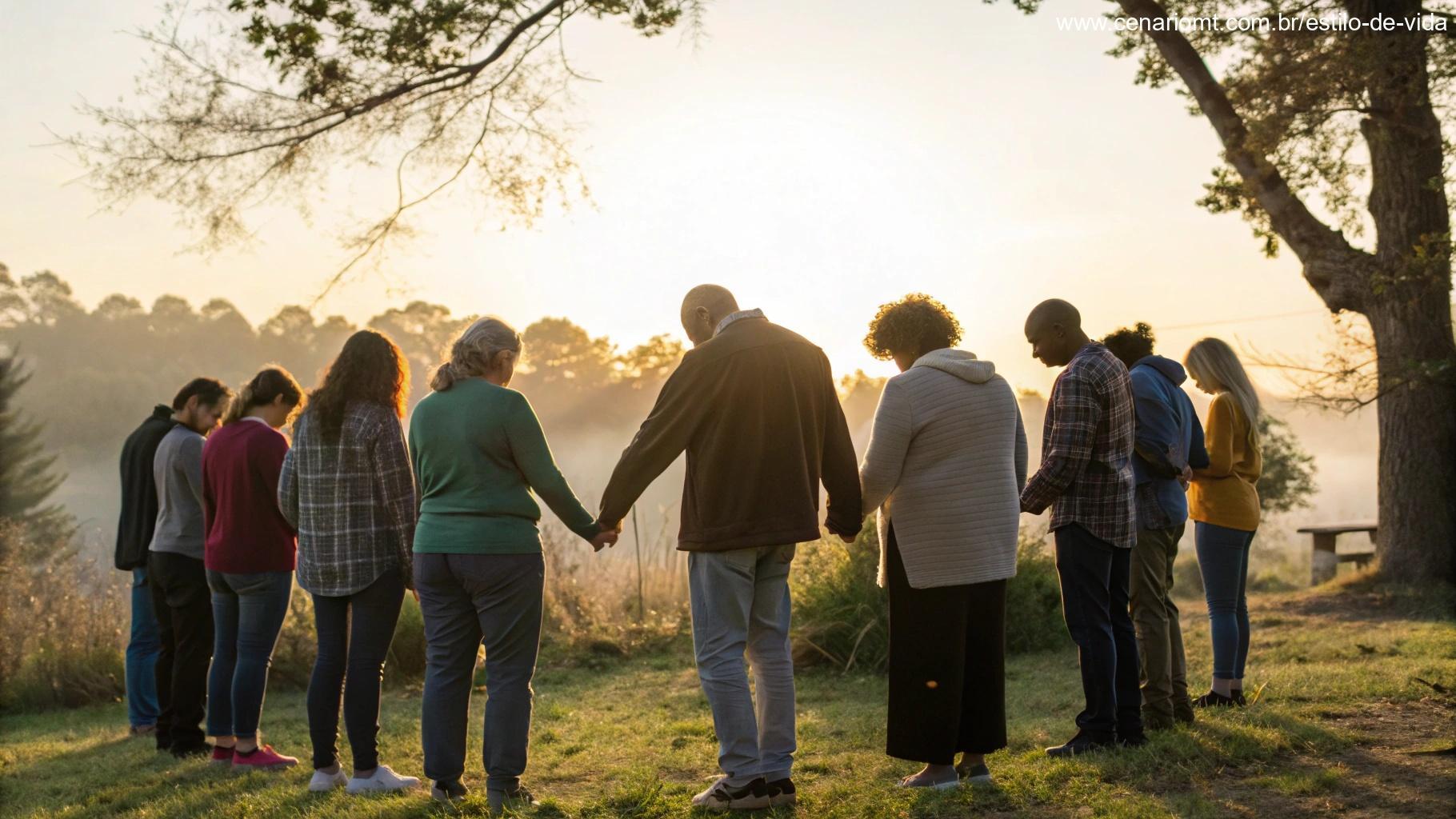 Grupo de pessoas orando juntas ao amanhecer em um ambiente tranquilo.