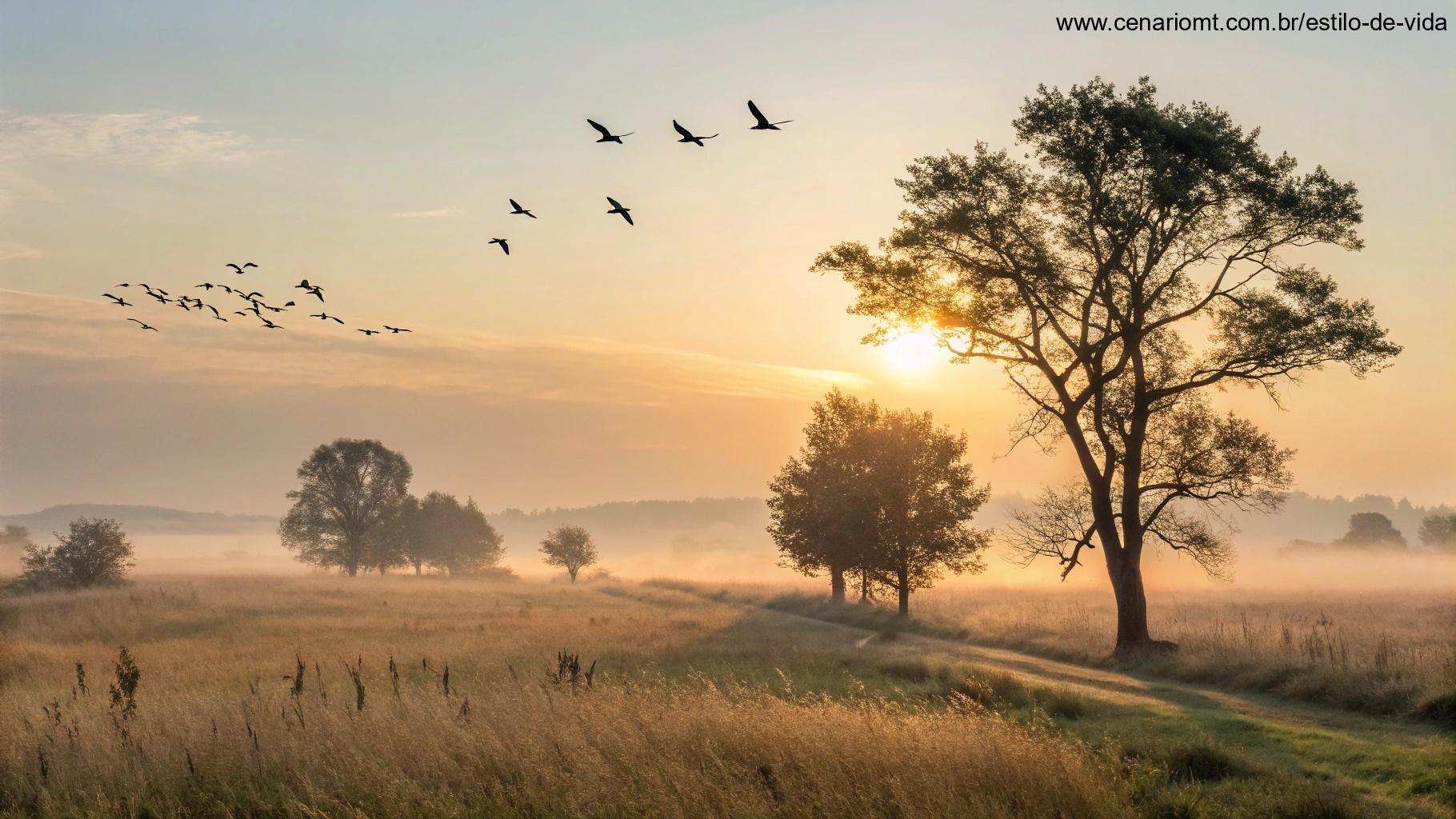 Paisagem serena com o sol nascente, aves voando no céu e uma brisa suave, transmitindo paz e bênçãos para uma nova semana.