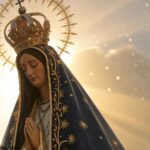 Imagem serena de Nossa Senhora Aparecida com uma luz dourada suave.