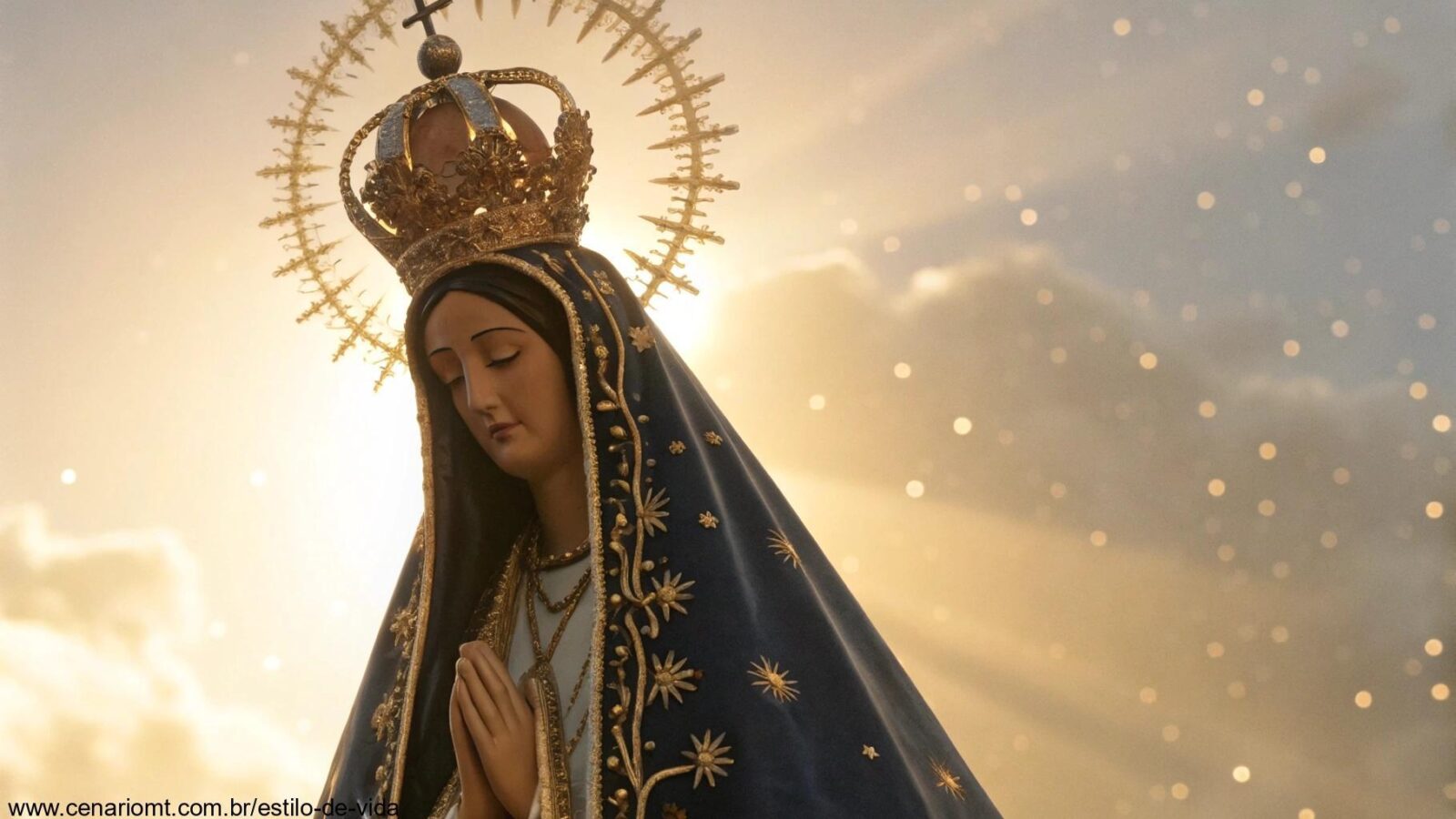 Imagem serena de Nossa Senhora Aparecida com uma luz dourada suave.