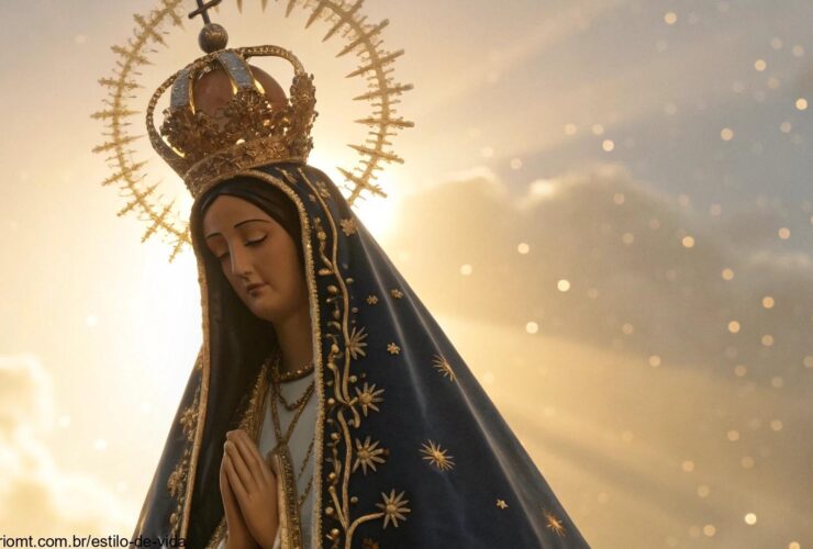 Imagem serena de Nossa Senhora Aparecida com uma luz dourada suave.