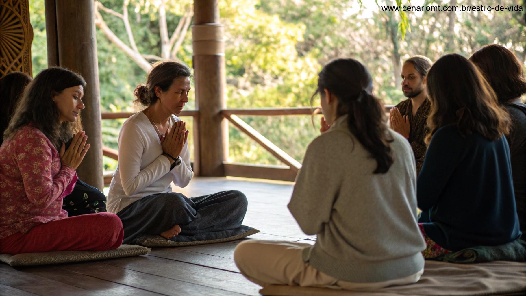 Reunião pacífica de pessoas sentadas em círculo, engajadas em oração e meditação, simbolizando a unidade e prática espiritual compartilhada.