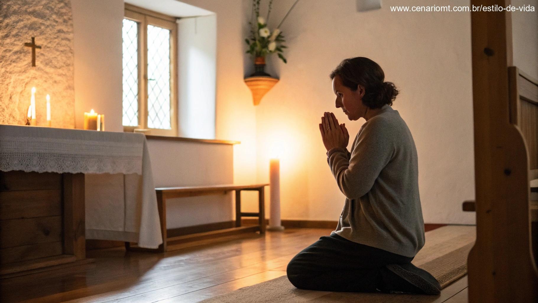 Um momento tranquilo com uma pessoa orando em uma sala simples e aconchegante, com uma vela suave acesa, simbolizando oração pela proteção divina.