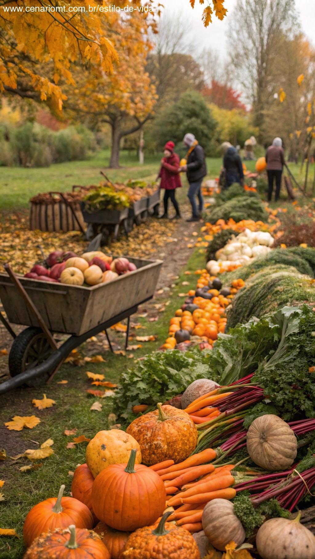 Jardim no outono com preparação para o frio e colheita de vegetais