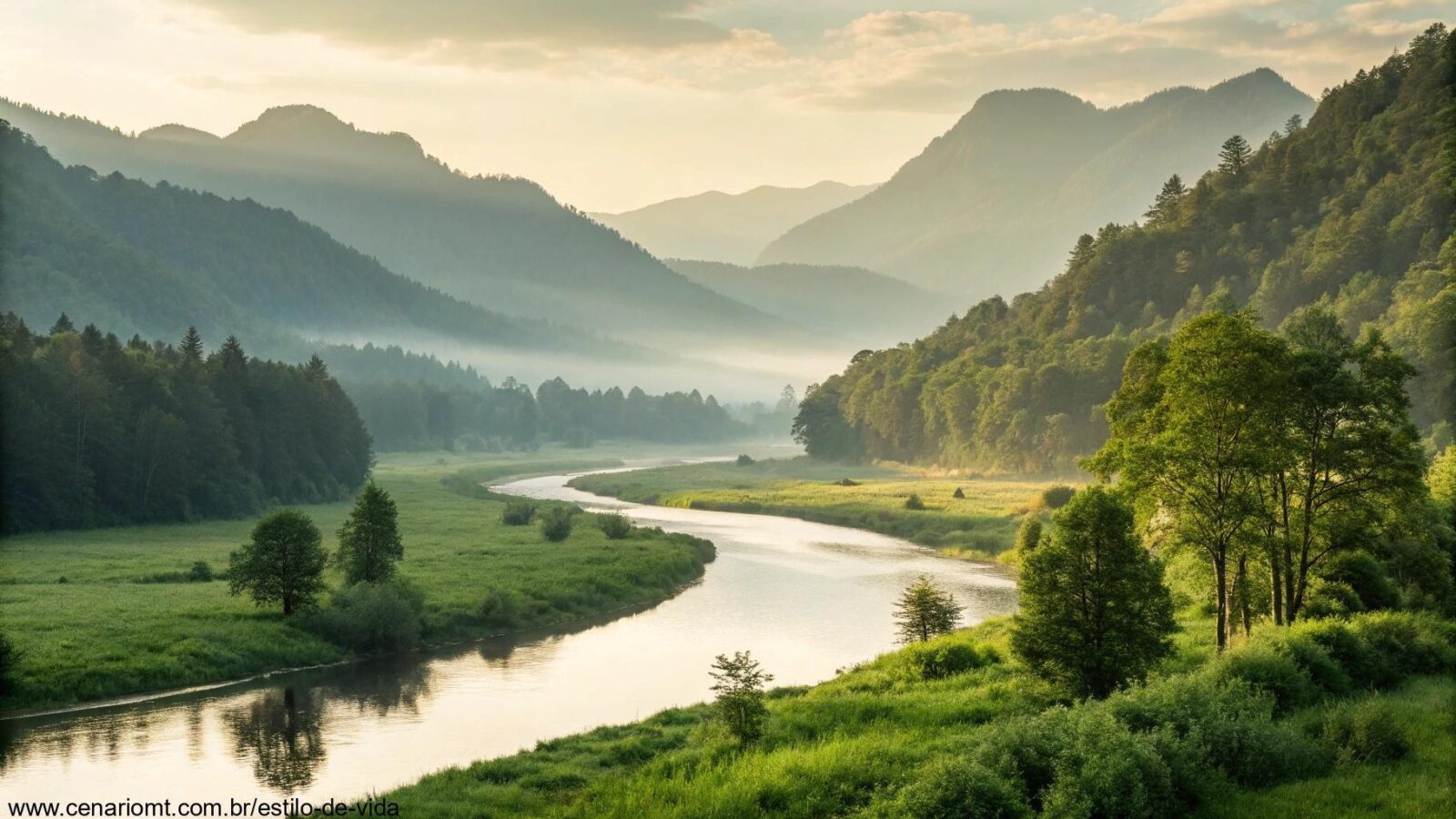 Paisagem tranquila com um rio calmo fluindo por um vale verdejante, cercado por montanhas e com luz suave de manhã.