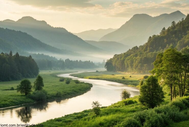 Paisagem tranquila com um rio calmo fluindo por um vale verdejante, cercado por montanhas e com luz suave de manhã.