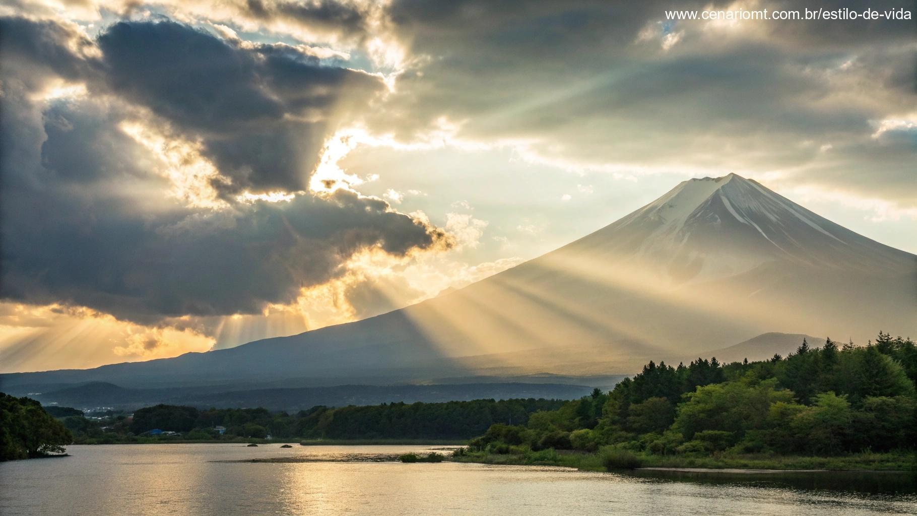 Paisagem serena com uma montanha ao fundo e raios de sol quebrando as nuvens, simbolizando fé e força para a semana que está por vir.