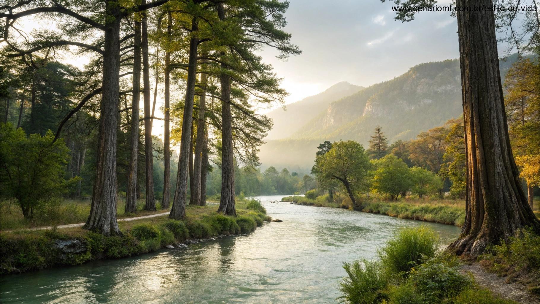imagem de uma cena tranquila da natureza, com árvores e um rio fluindo, simbolizando fé e serenidade