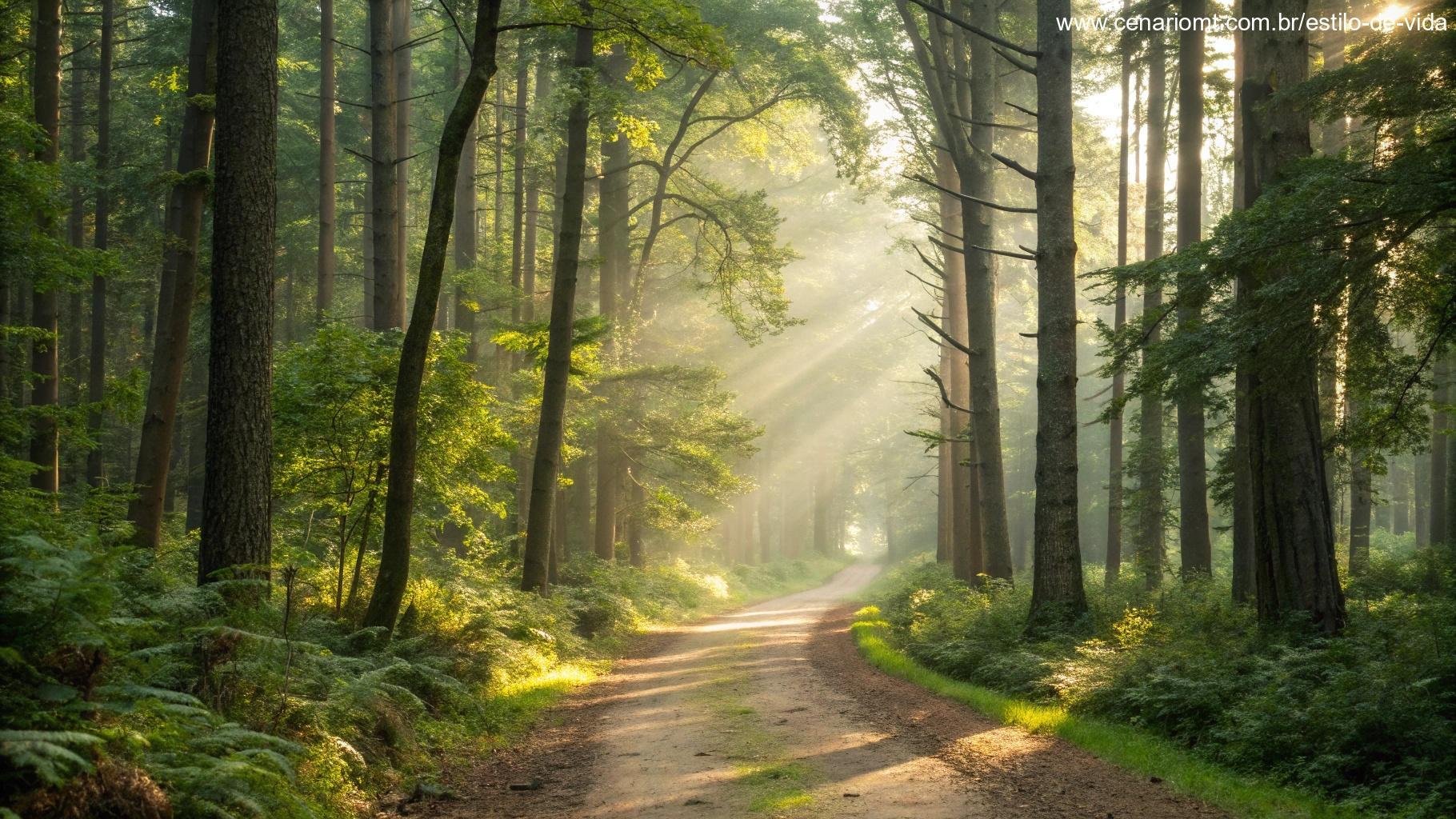 Caminho tranquilo e acolhedor na floresta rodeado por árvores altas, com luz suave filtrando pelas folhas, simbolizando orientação e paz.