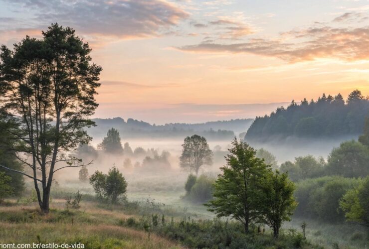 Paisagem tranquila e serena ao amanhecer, com luz suave filtrando através das árvores.