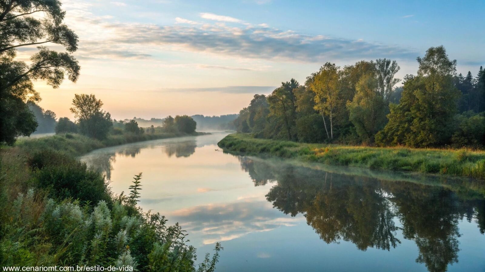 Paisagem serena com um rio calmo refletindo o céu, árvores exuberantes nas margens e uma suave luz da manhã iluminando a cena, criando uma atmosfera de paz.