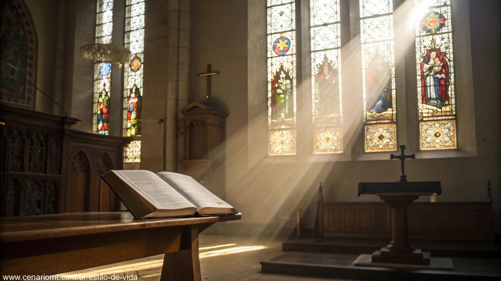 Cena serena e tranquila de uma igreja com luz suave filtrando pelas janelas de vitrais, criando uma atmosfera calma e reflexiva.